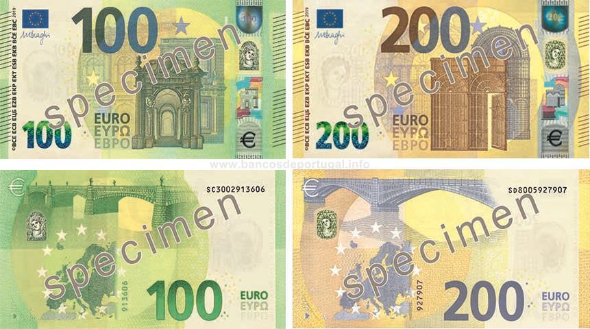 Notas de 100 e 200 euros da série Europa