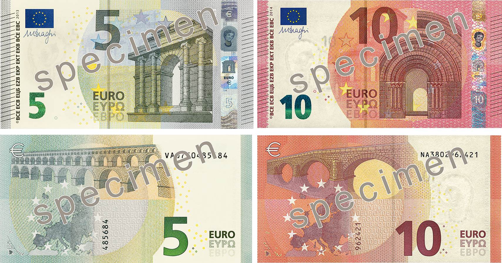 Notas de 5 e 10 euros da série Europa